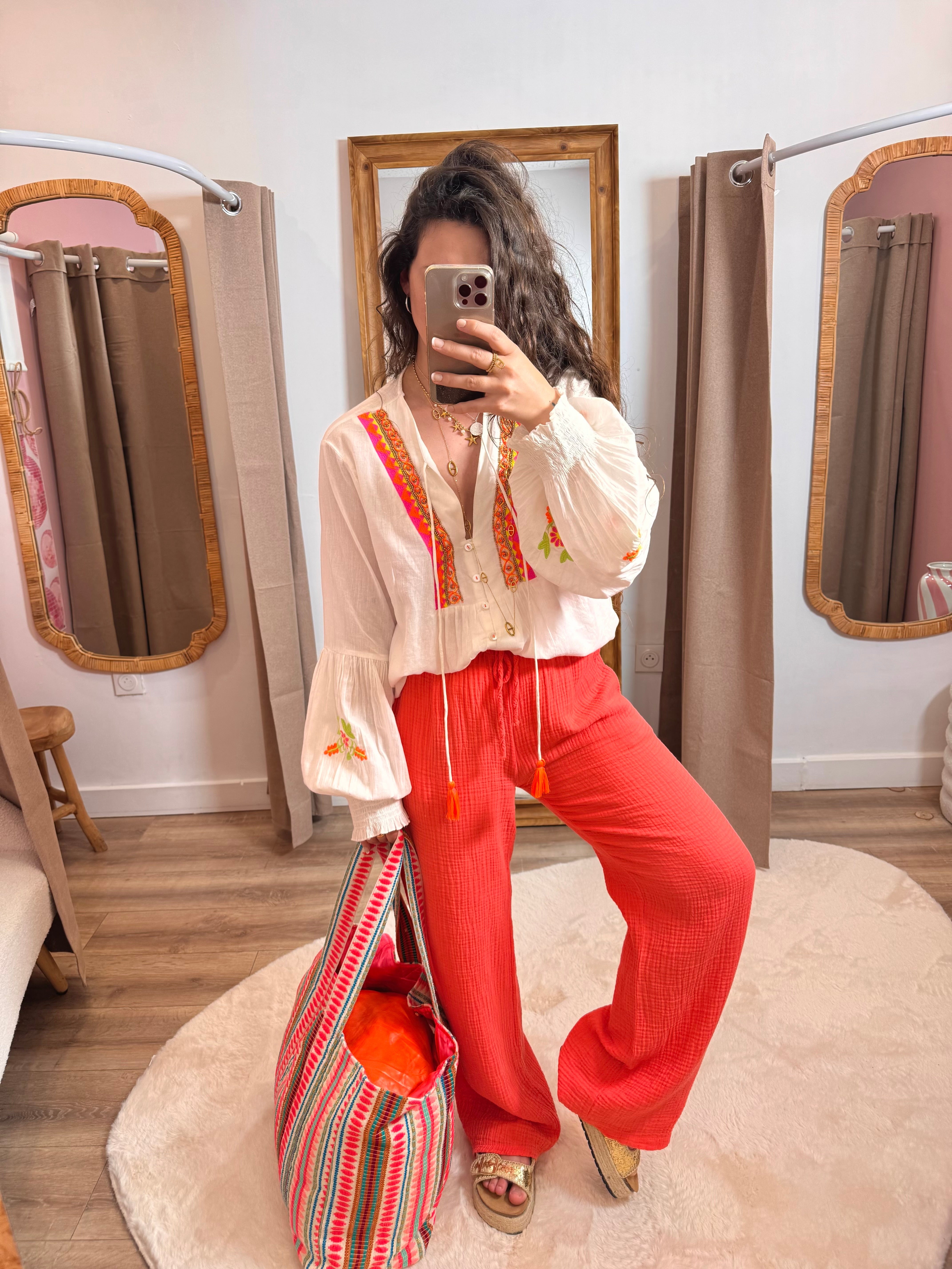 PANTALON GAZE DE COTON CORAIL