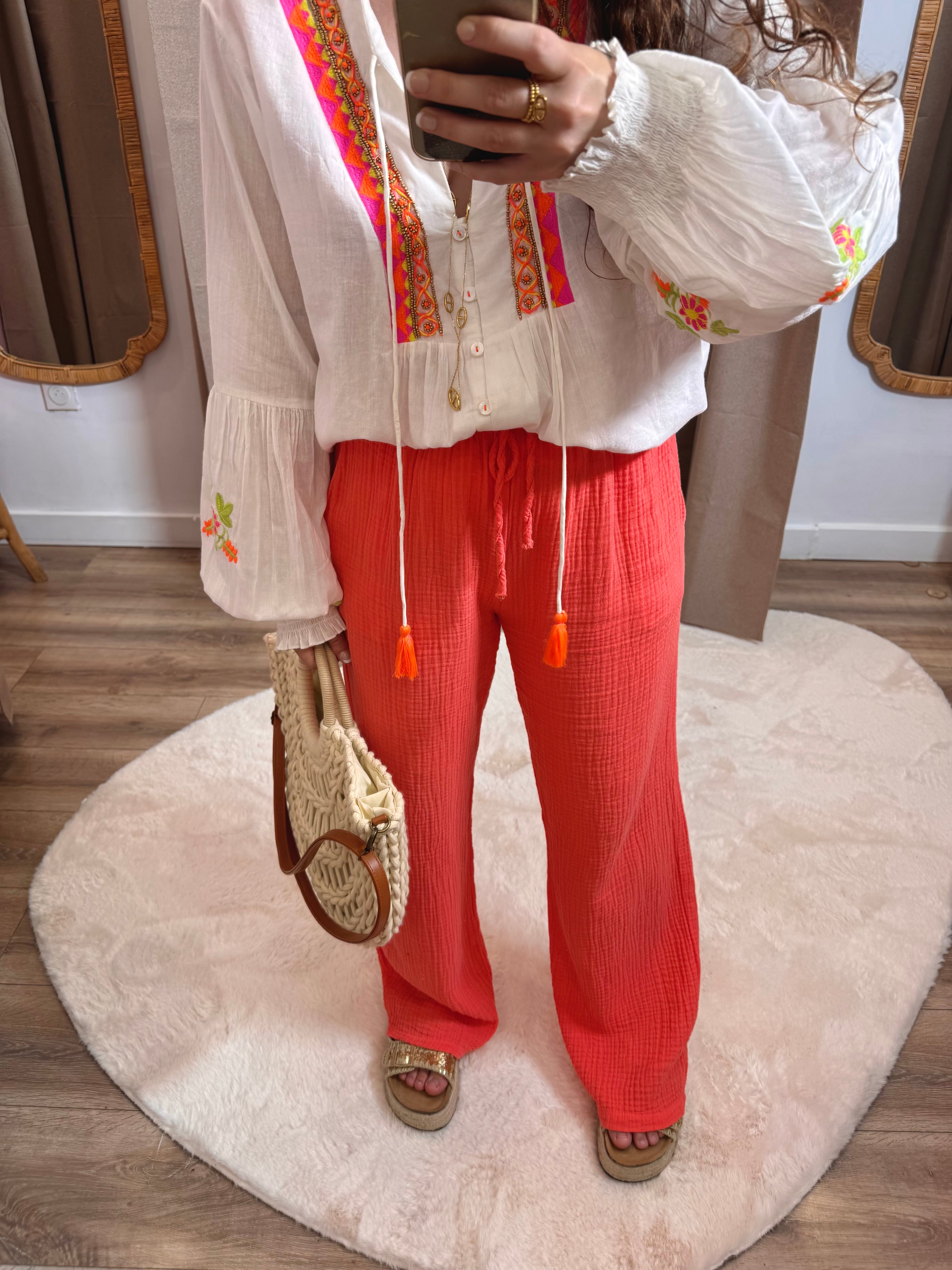 PANTALON GAZE DE COTON CORAIL