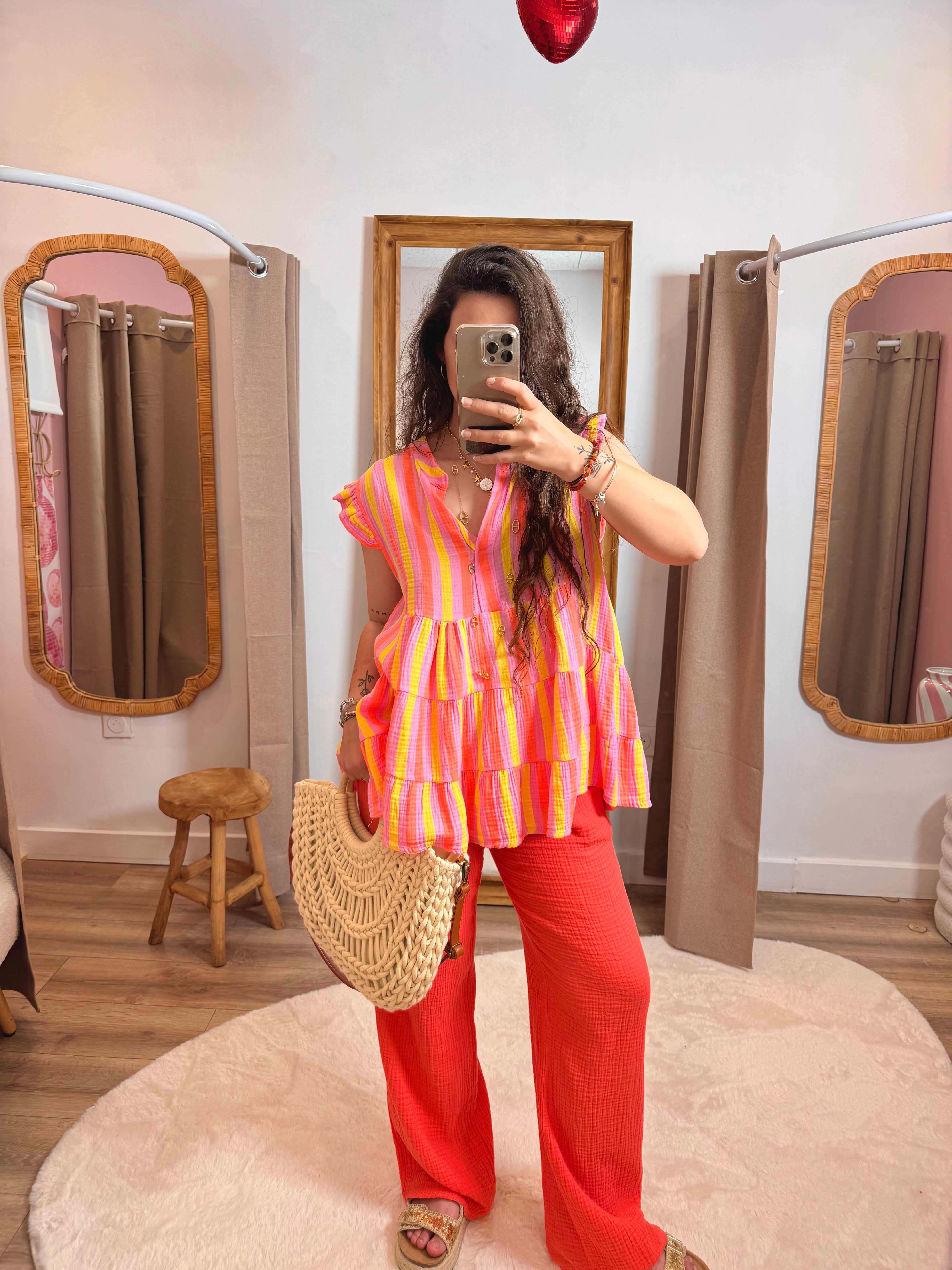 HAUT RAYÉ GAZE DE COTON ORANGE