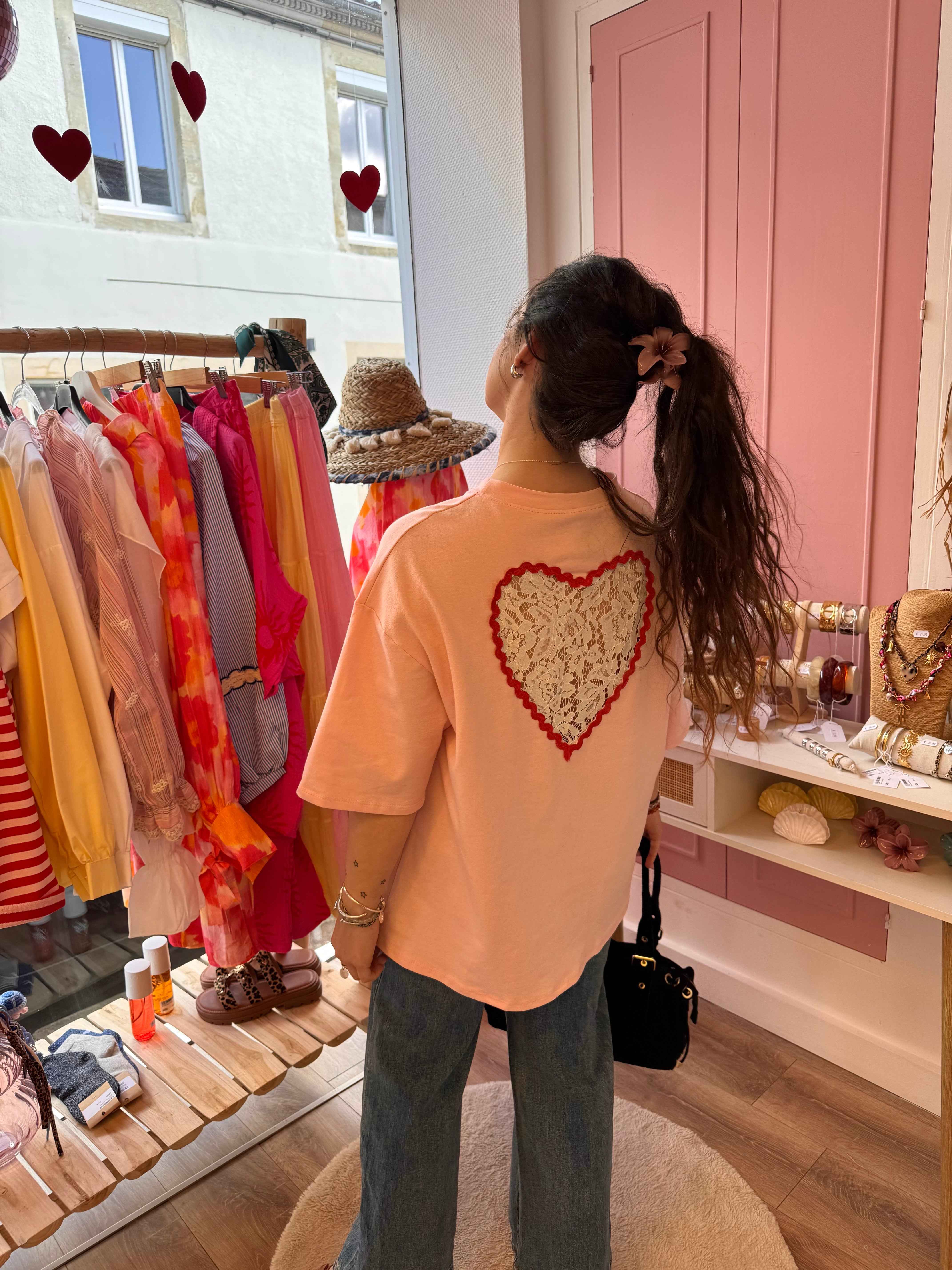 T-SHIRT COUP DE COEUR ROSE DENTELLE