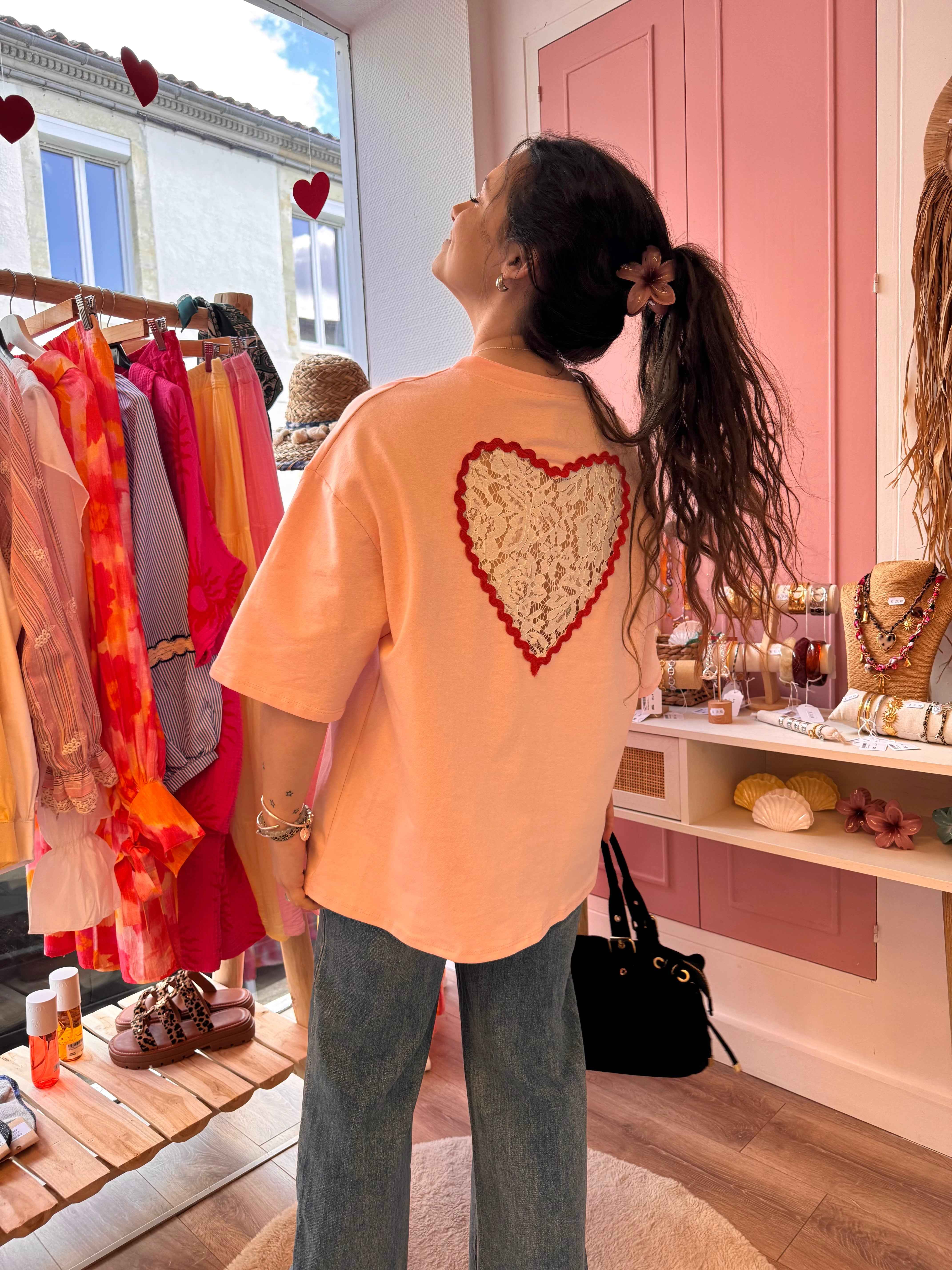 T-SHIRT COUP DE COEUR ROSE DENTELLE