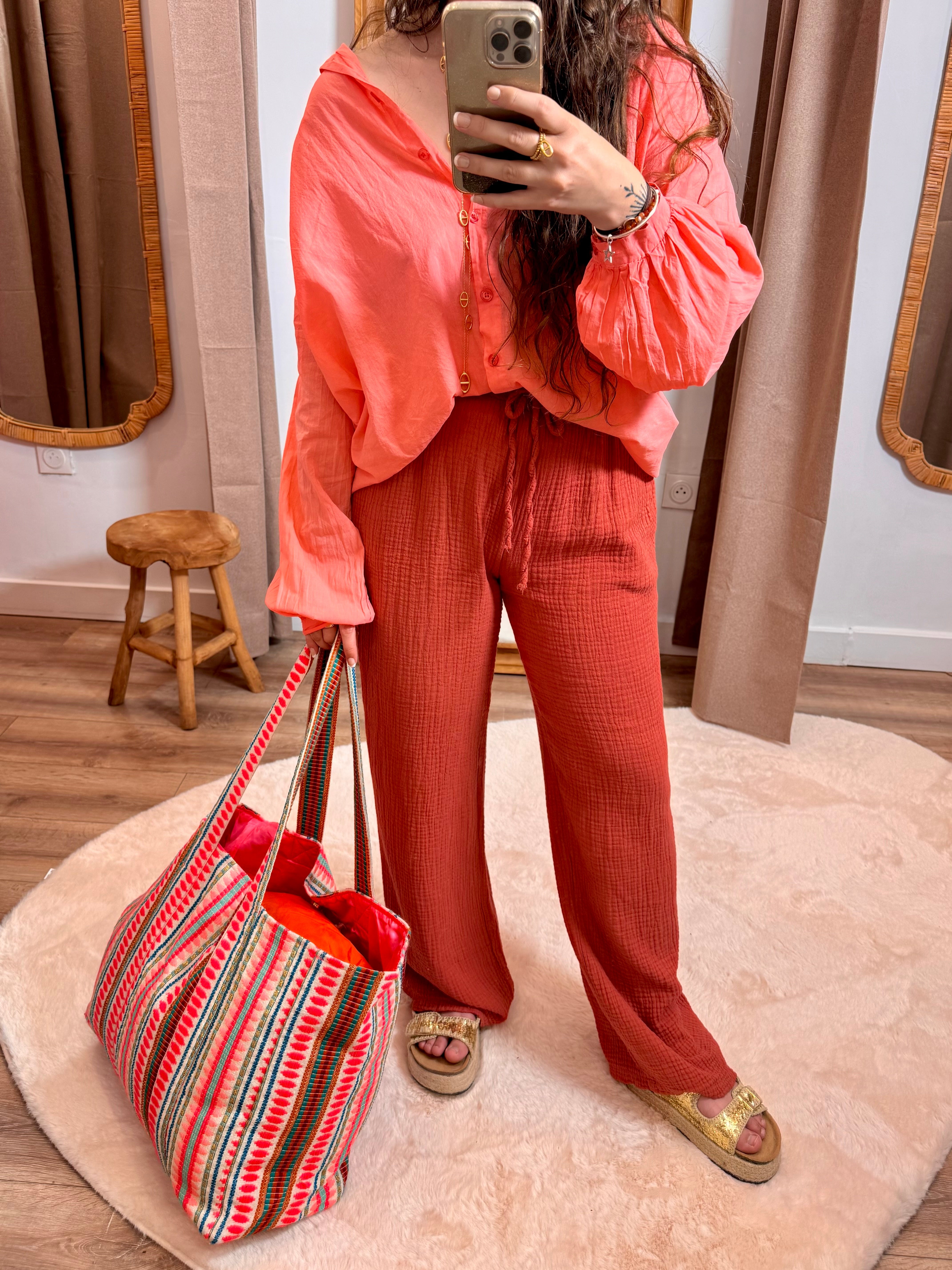 PANTALON GAZE DE COTON TERRACOTTA