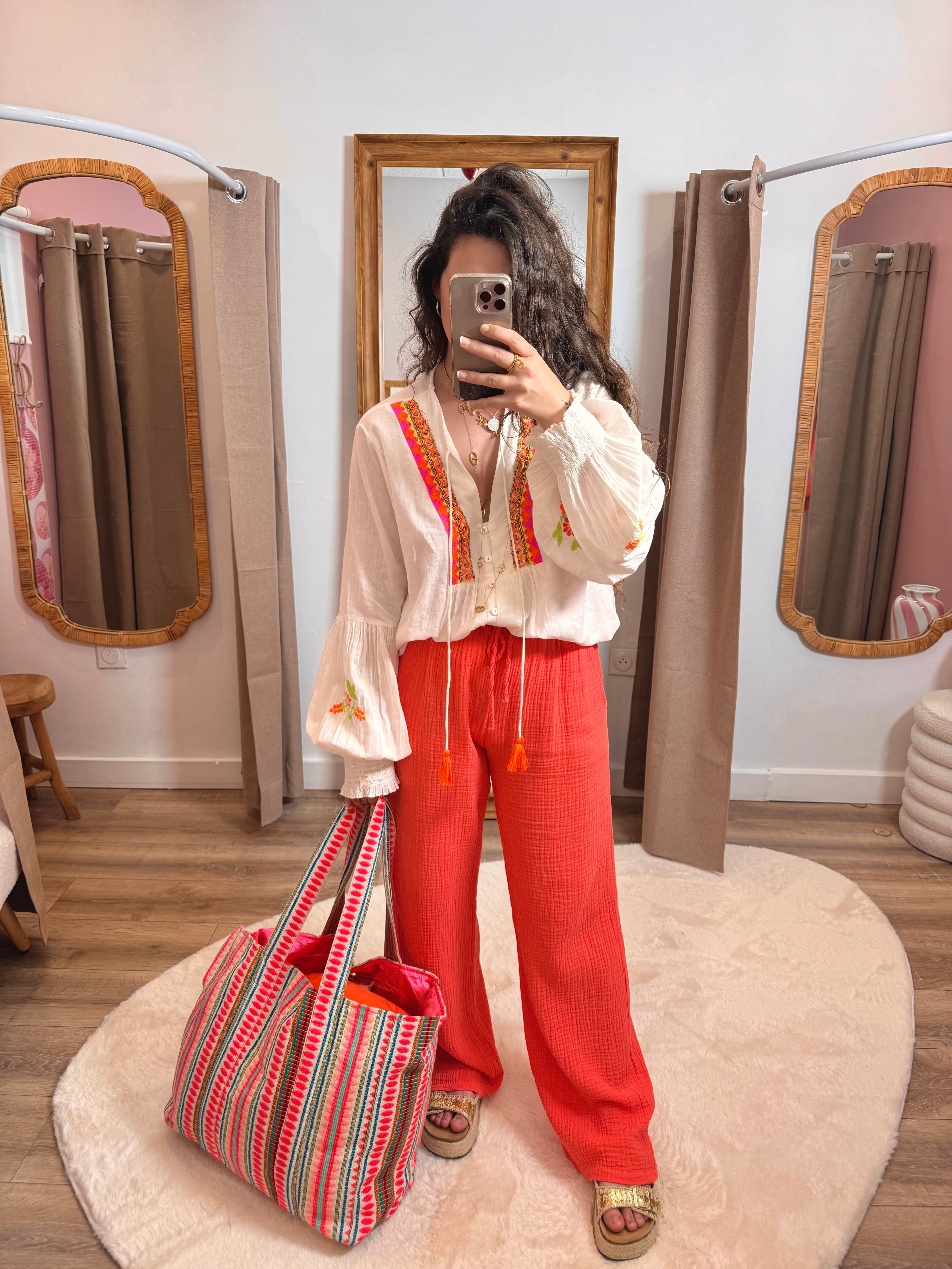 PANTALON GAZE DE COTON CORAIL