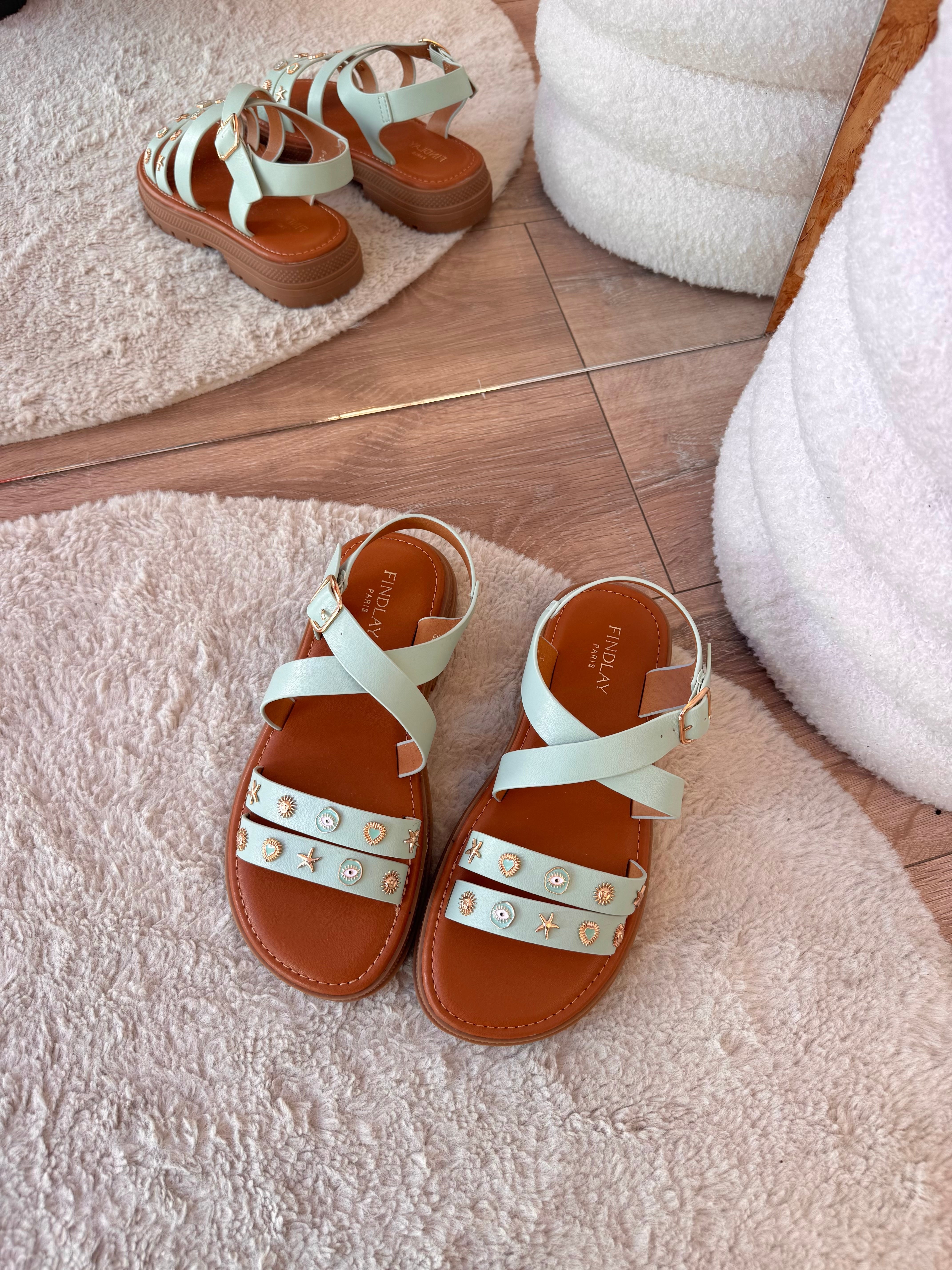 SANDALES COQUILLAGES VERT D’EAU