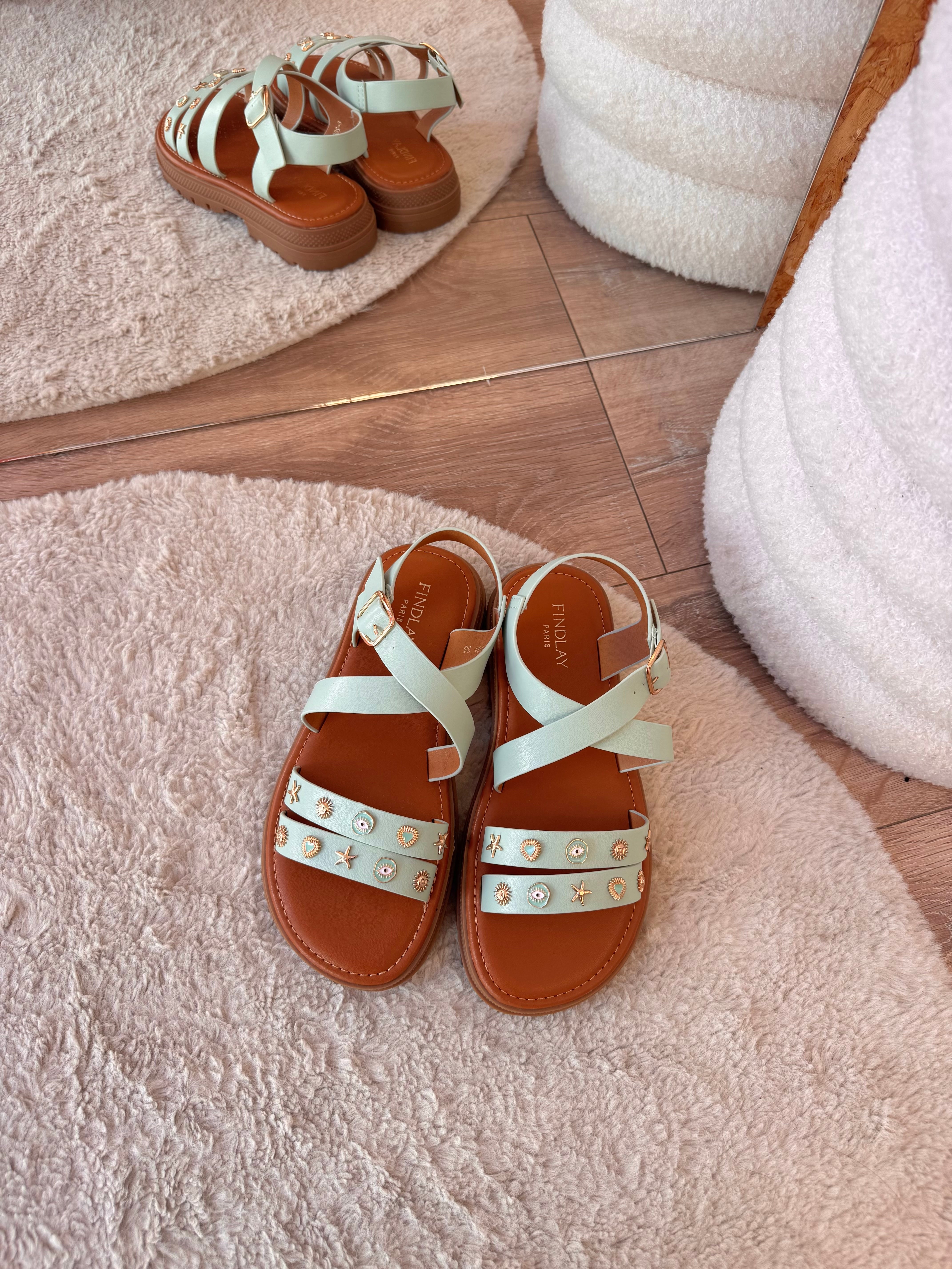 SANDALES COQUILLAGES VERT D’EAU