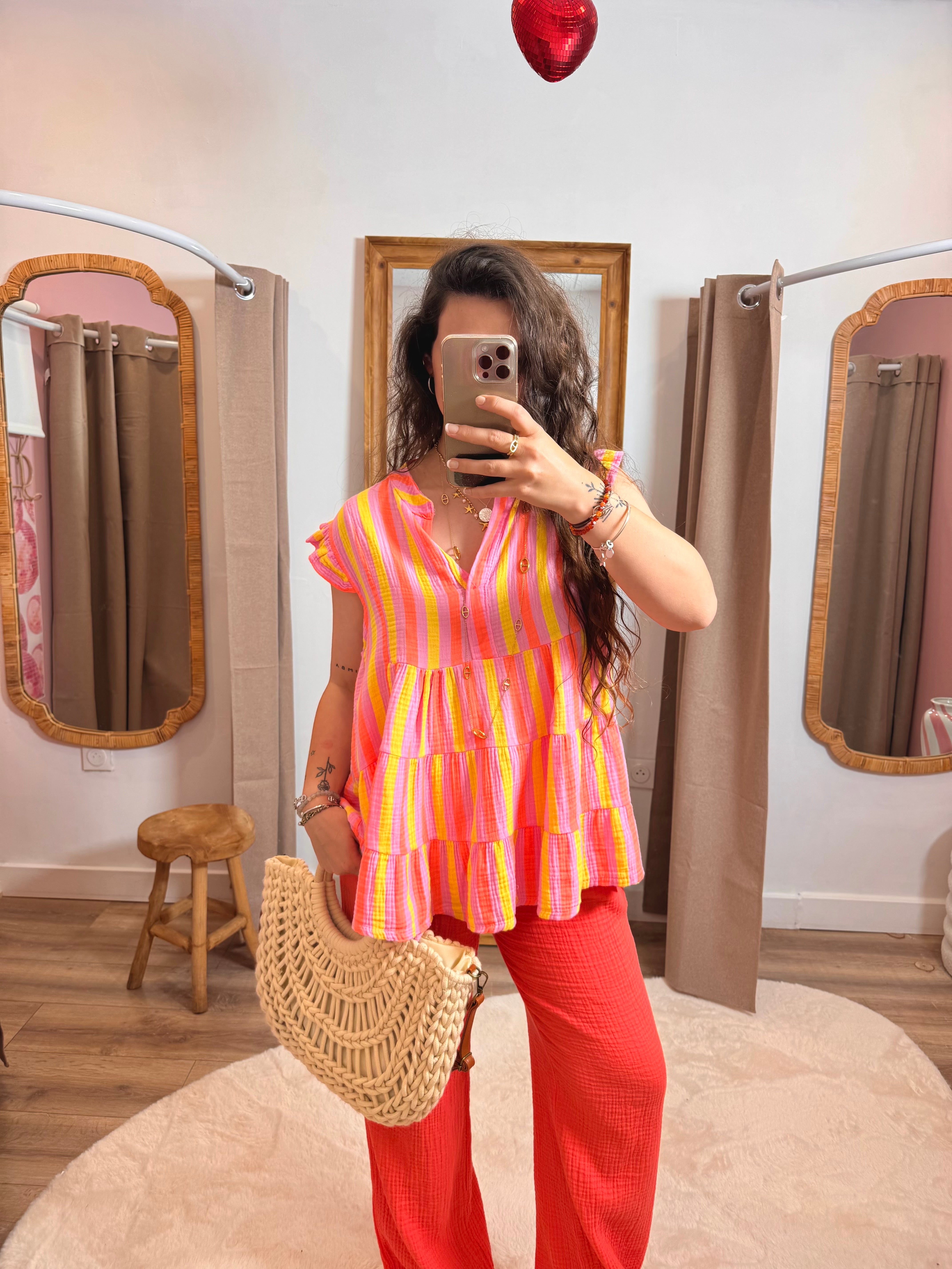 HAUT RAYÉ GAZE DE COTON ORANGE